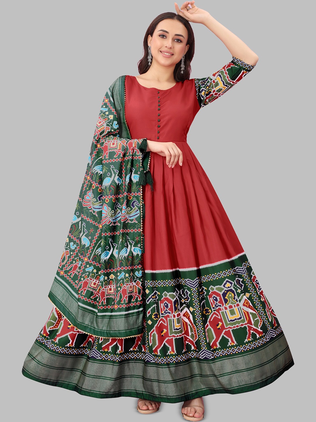 

N N ENTERPRISE Women Ethnic Motifs Printed Pleated Gown Dress with Dupatta, Red