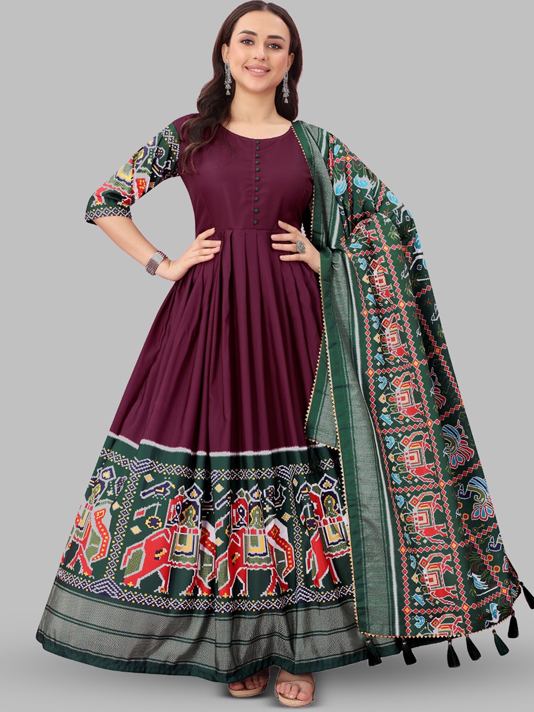 

N N ENTERPRISE Women Ethnic Motifs Printed Pleated Gown Dress with Dupatta, Purple