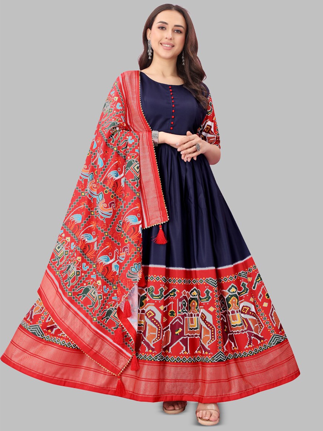 

N N ENTERPRISE Women Ethnic Motifs Printed Pleated Gown Dress with Dupatta, Blue