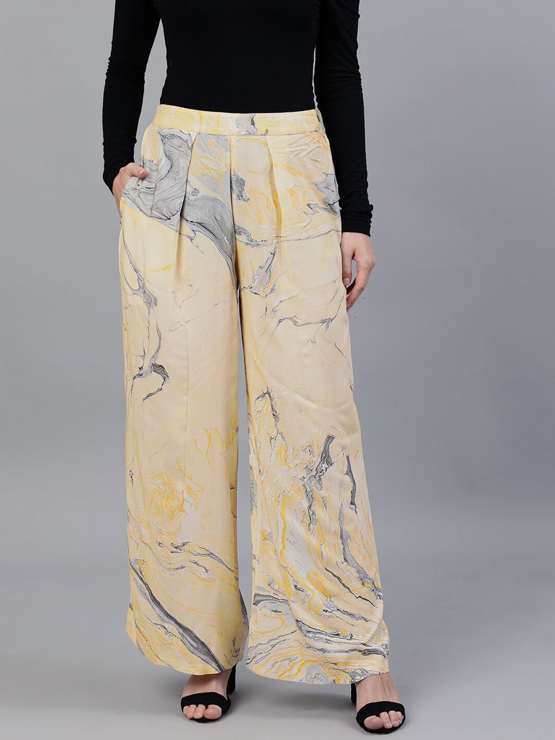 

AKS Women Wide Leg Abstract Printed Palazzos, Yellow