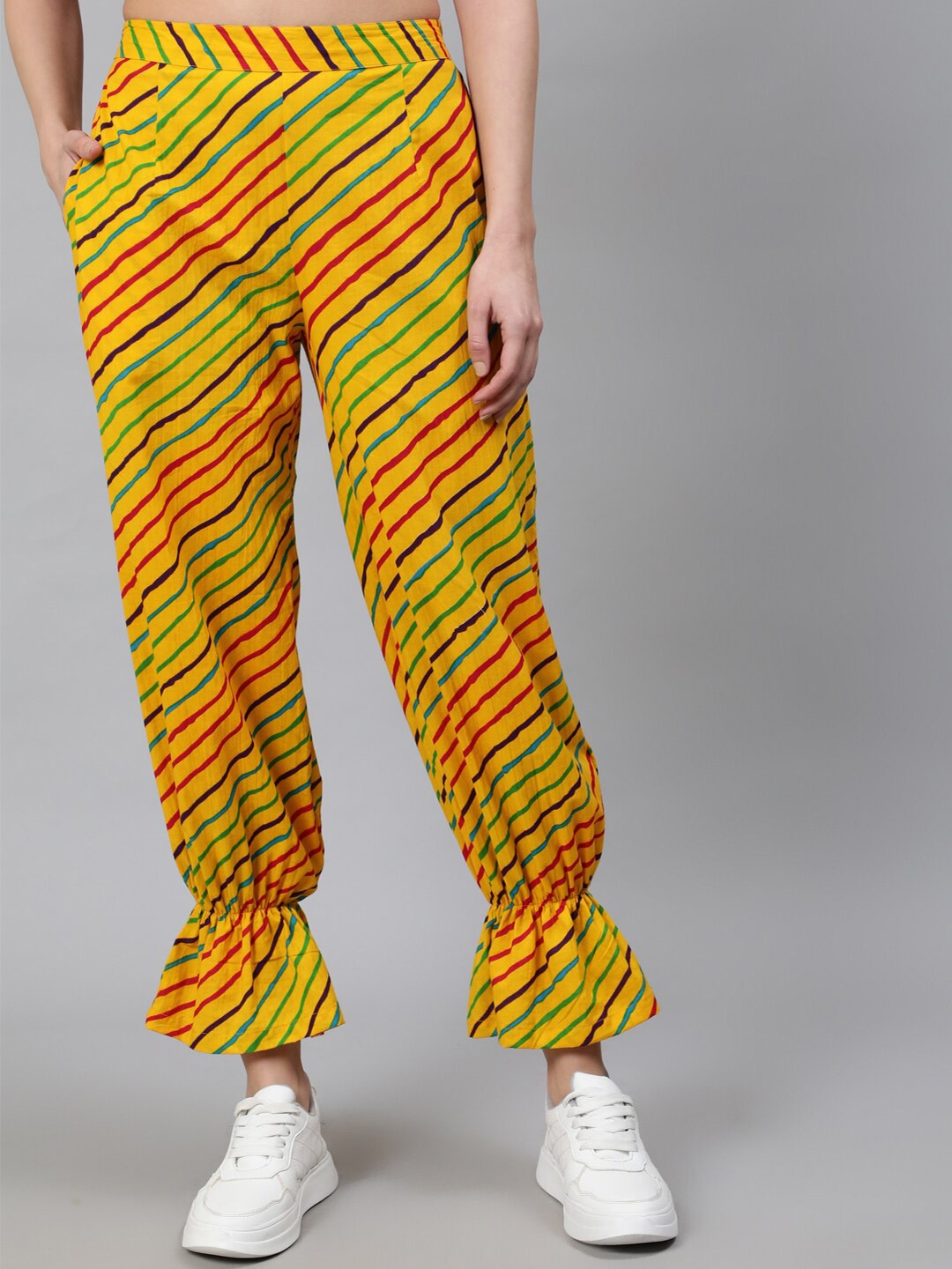 

AKS Women Leheriya Printed Flared Cotton Palazzos, Yellow