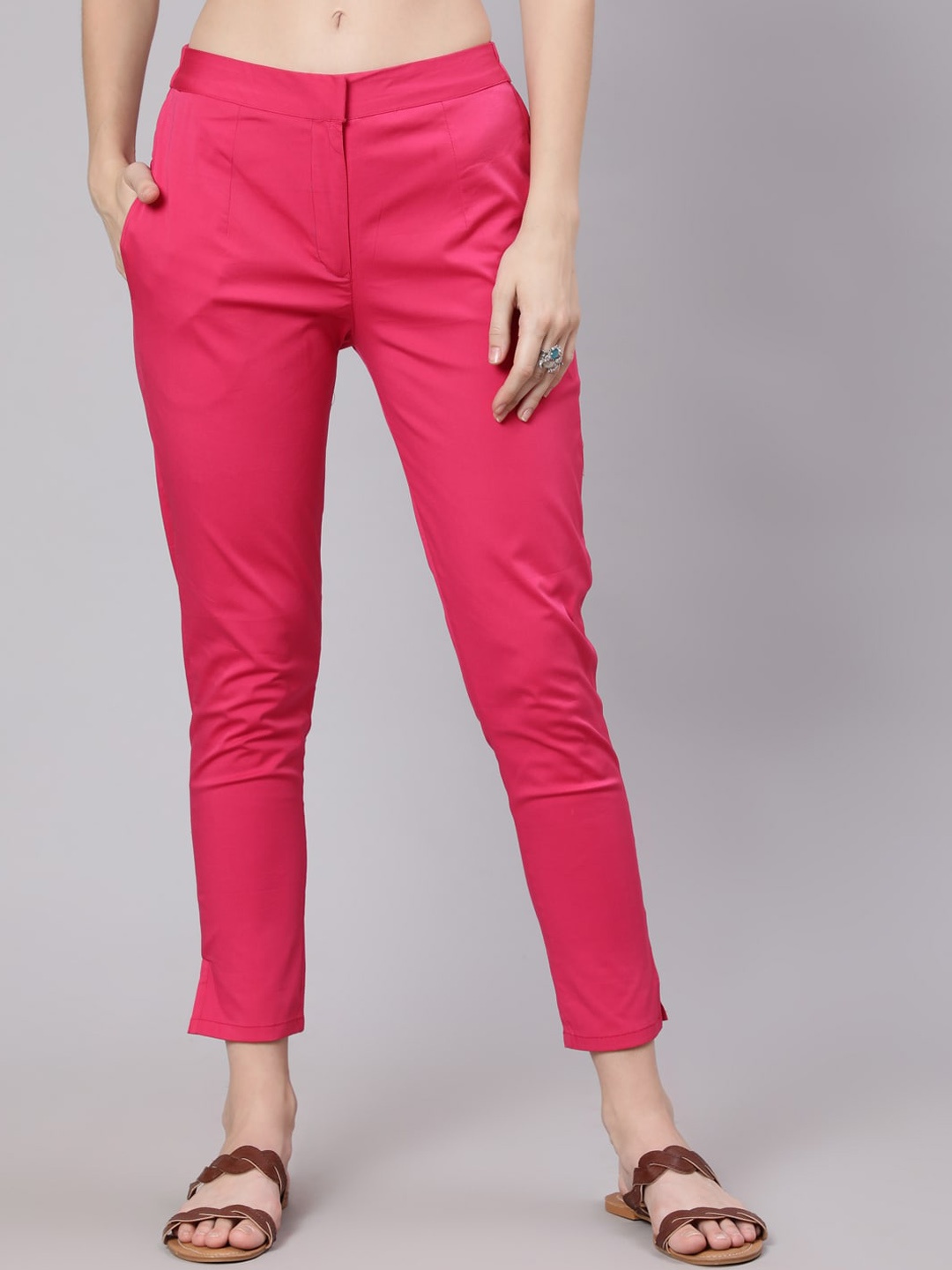 

AKS Women Mid Rise Cropped Cigarette Trousers, Magenta