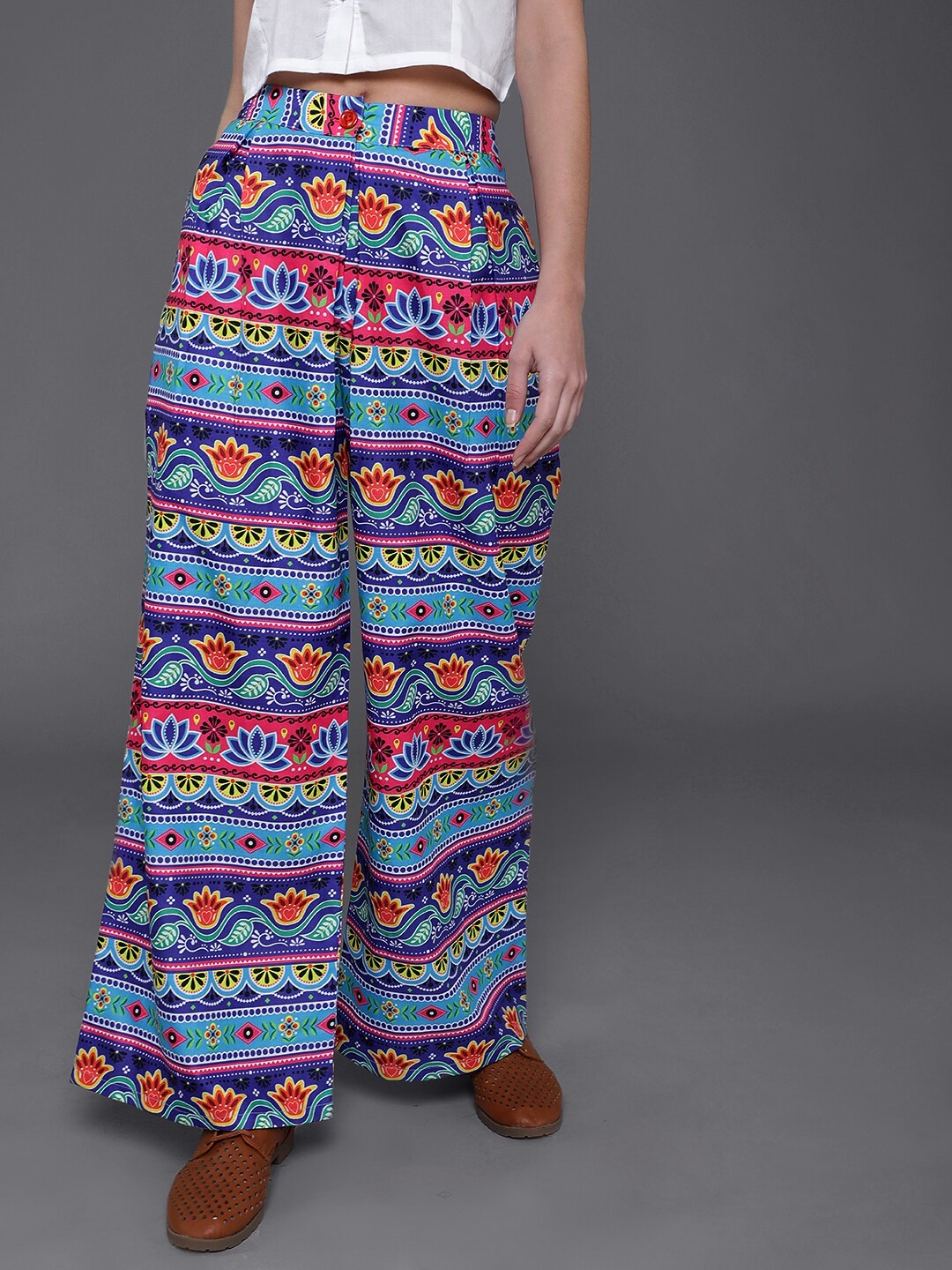 

AKS Women Ethnic Motifs Printed Flared Cotton Palazzos, Blue