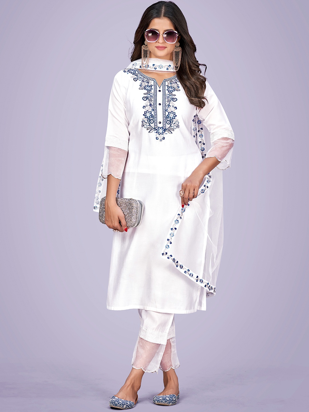 

Navlik Floral Embroidered Thread Work Kurta With Trousers & Dupatta, White