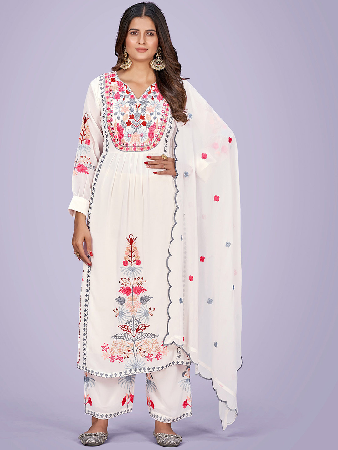 

Navlik Floral Embroidered Mirror Work Georgette Kurta With Palazzos & Dupatta, White