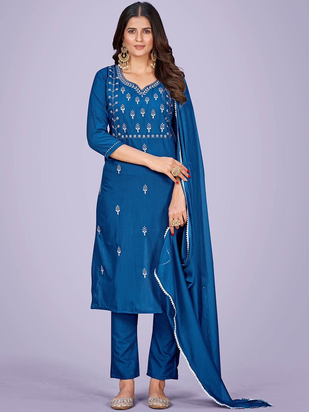 

Navlik Ethnic Motifs Embroidered Gotta Patti Kurta WIth Trousers & Dupatta, Blue