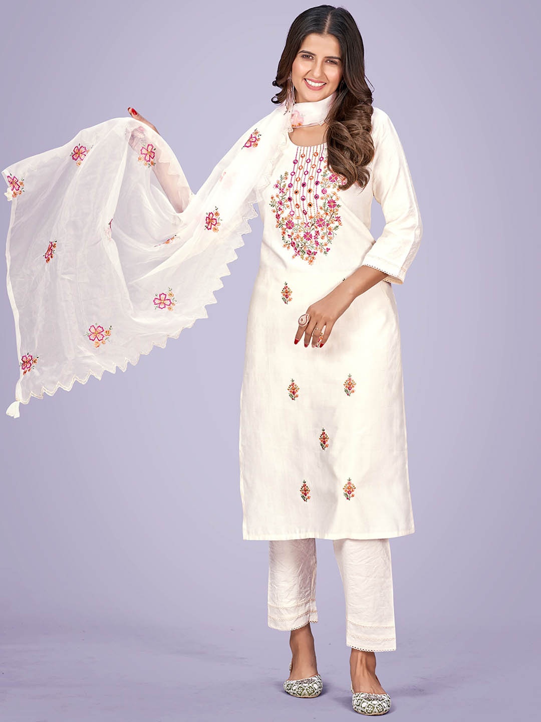 

Navlik Floral Embroidered Mirror Work Kurta With Trousers & Dupatta, Cream