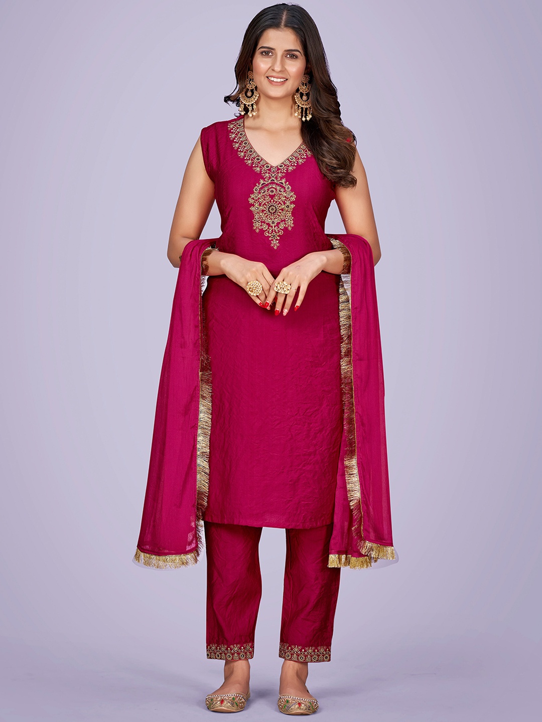 

Navlik Ethnic Motifs Embroidered Sequinned Kurta With Trousers & Dupatta, Red
