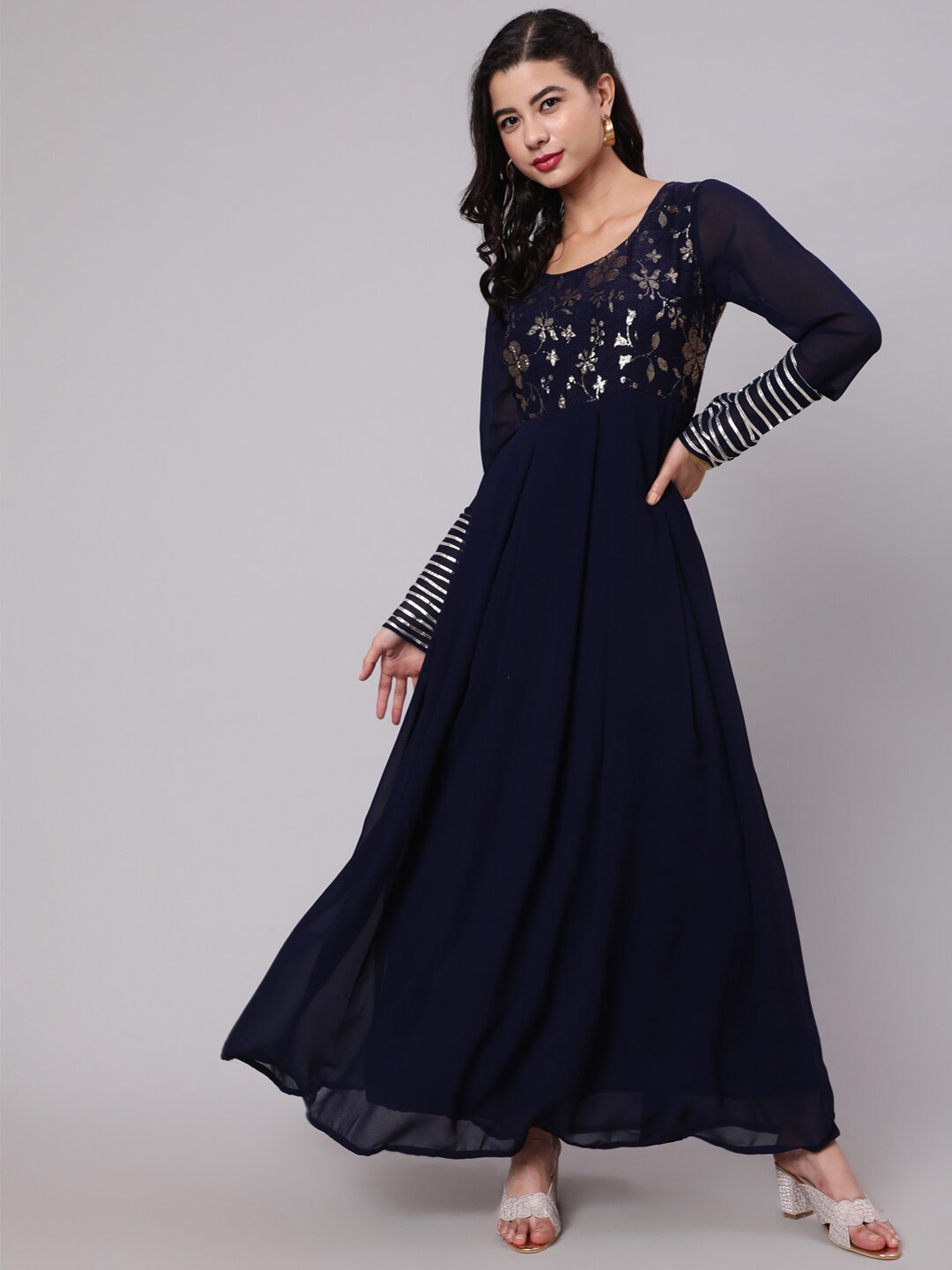 

AKS Couture Sequin Embellished Georgette Maxi Dress, Navy blue