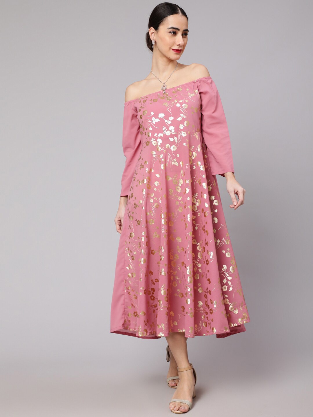 AKS Couture Floral Printed Off-Shoulder Georgette Fit & Flare Midi Dress, Pink