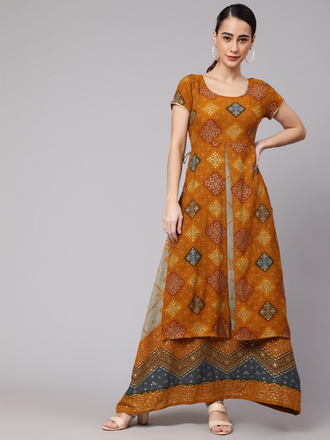 

AKS Couture Ethnic Motifs Printed Layered Maxi Dress, Mustard