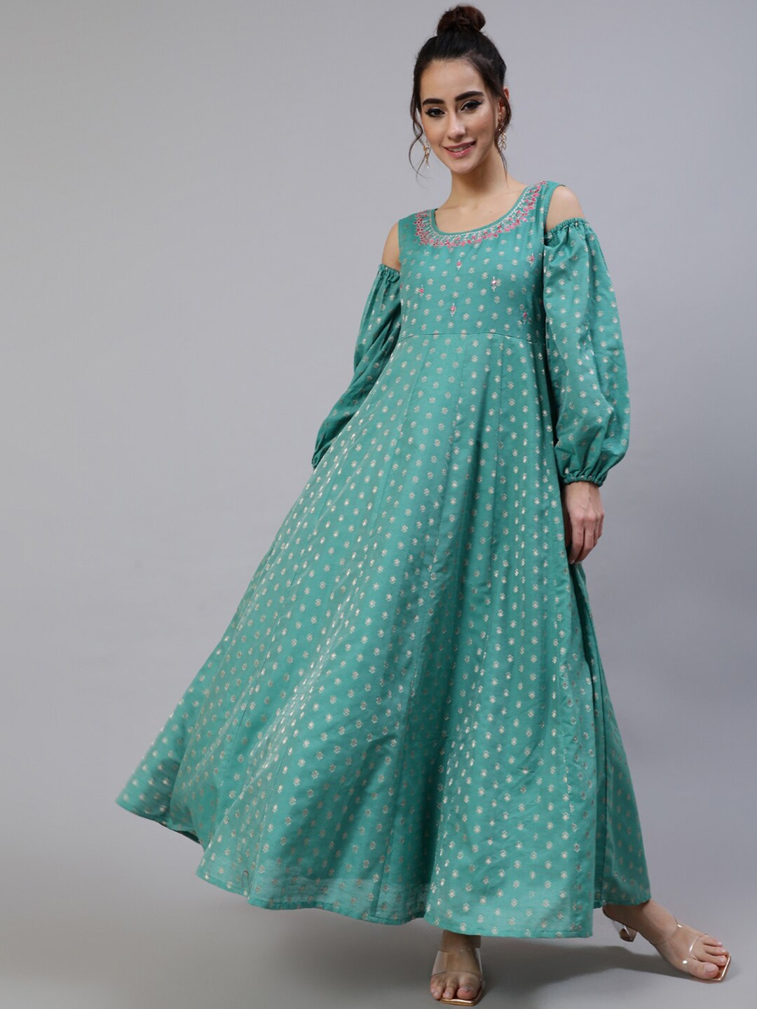 

AKS Couture Ethnic Motifs Print Cold-Shoulder Maxi Dress, Green