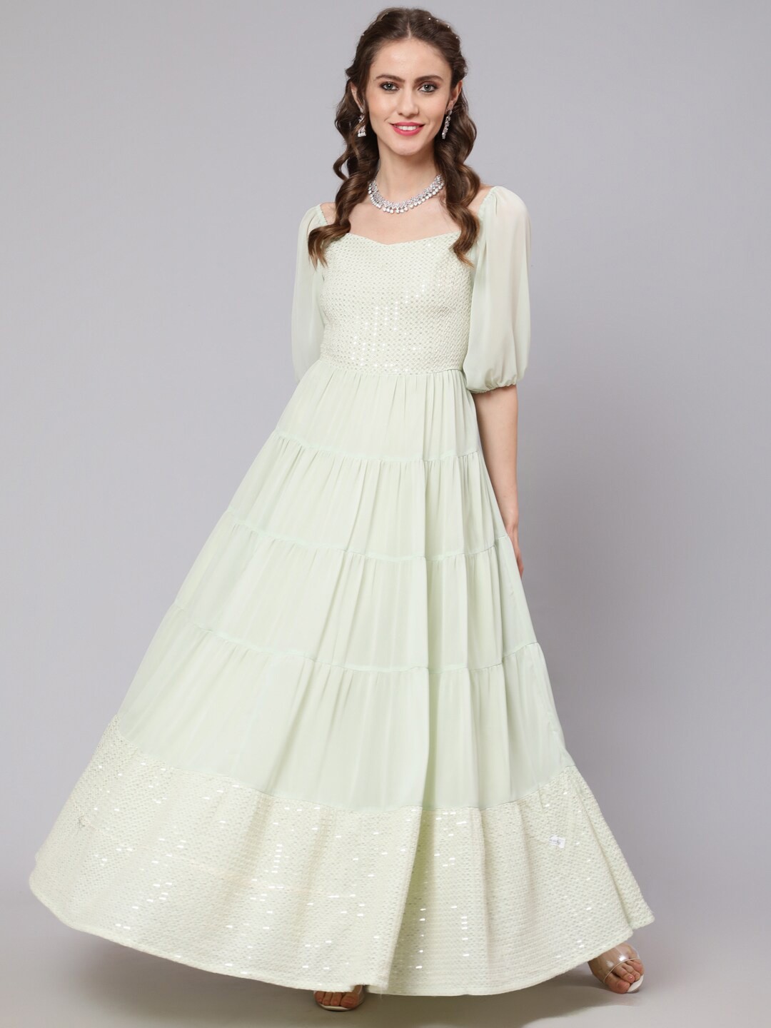 

AKS Couture Sequin Embellished Tiered Georgette Maxi Dress, Sea green