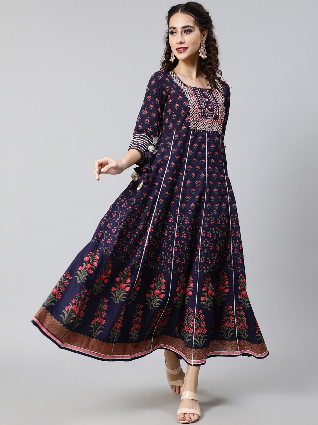 

AKS Couture Ethnic Motifs Printed Embroidered Cotton Maxi Dress, Blue