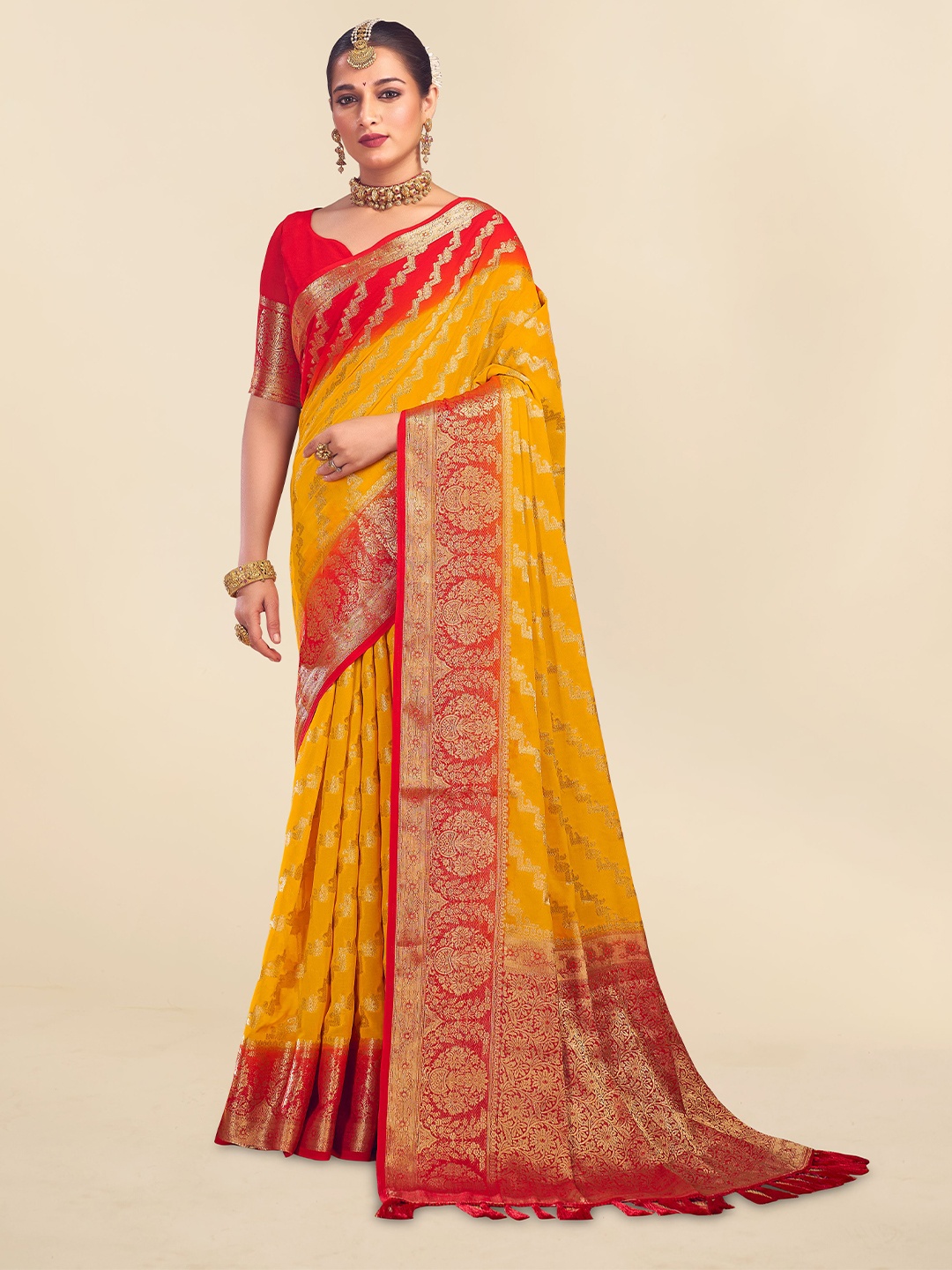 

FLOURIOUS Woven Design Zari Pure Georgette Banarasi Saree, Yellow