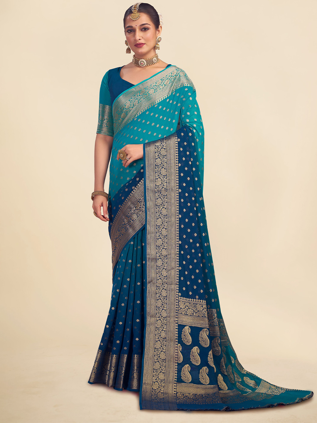 

FLOURIOUS Woven Design Zari Pure Georgette Banarasi Saree, Blue