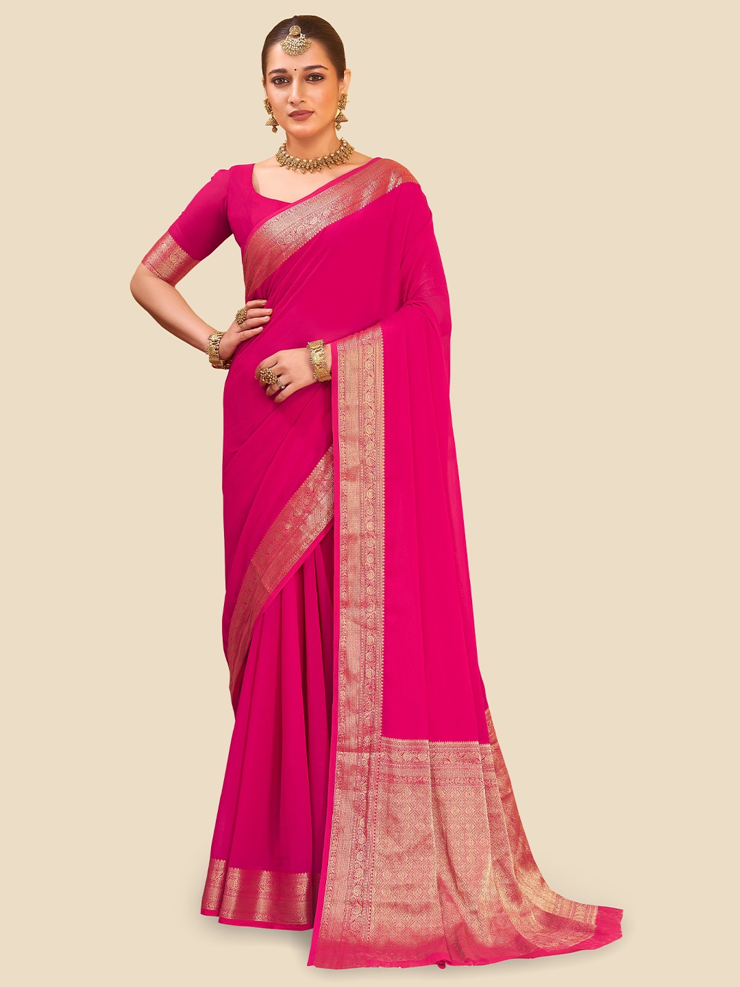 

FLOURIOUS Zari Pure Georgette Banarasi Saree, Pink