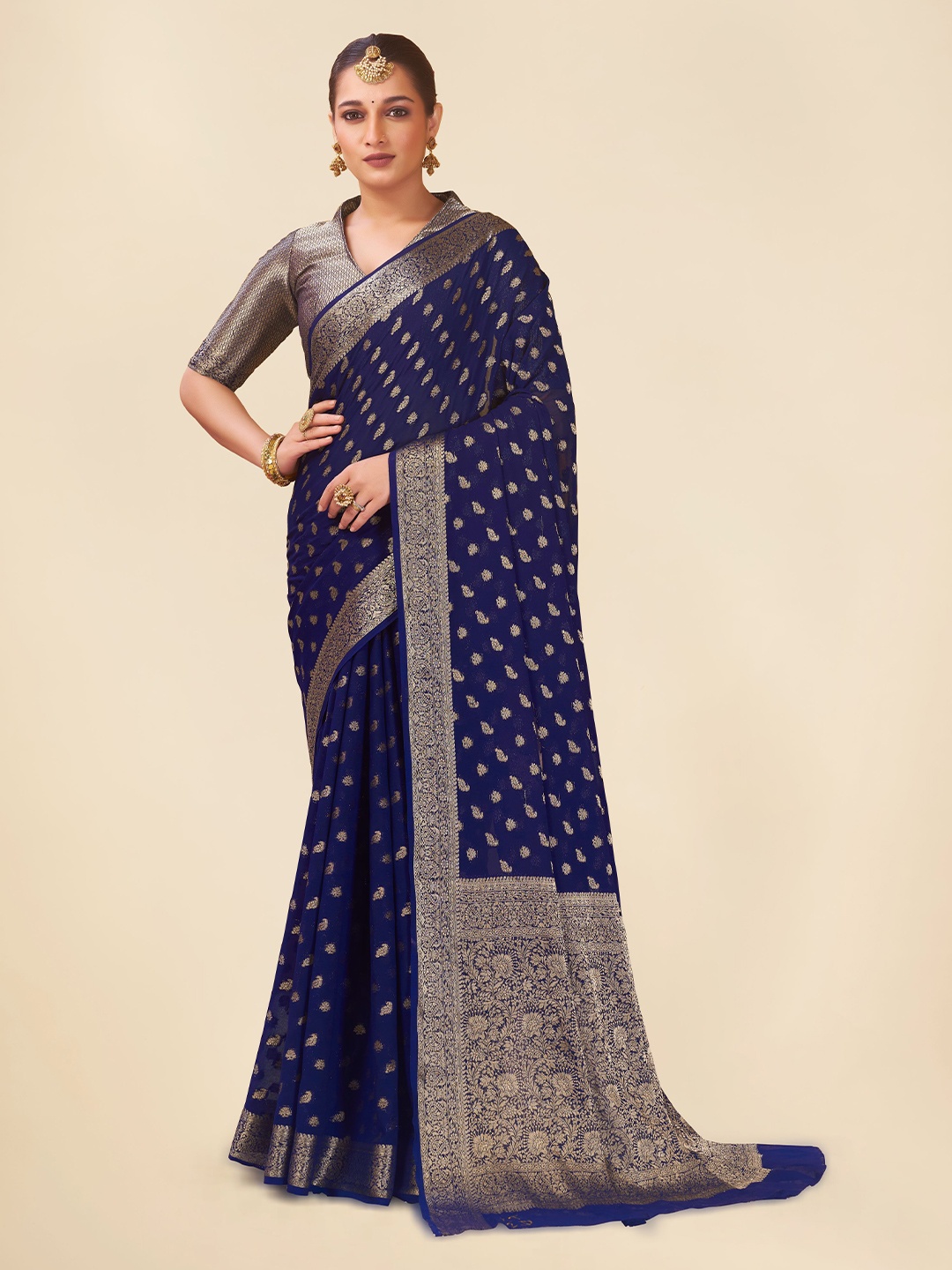 

FLOURIOUS Woven Design Zari Pure Georgette Banarasi Saree, Navy blue