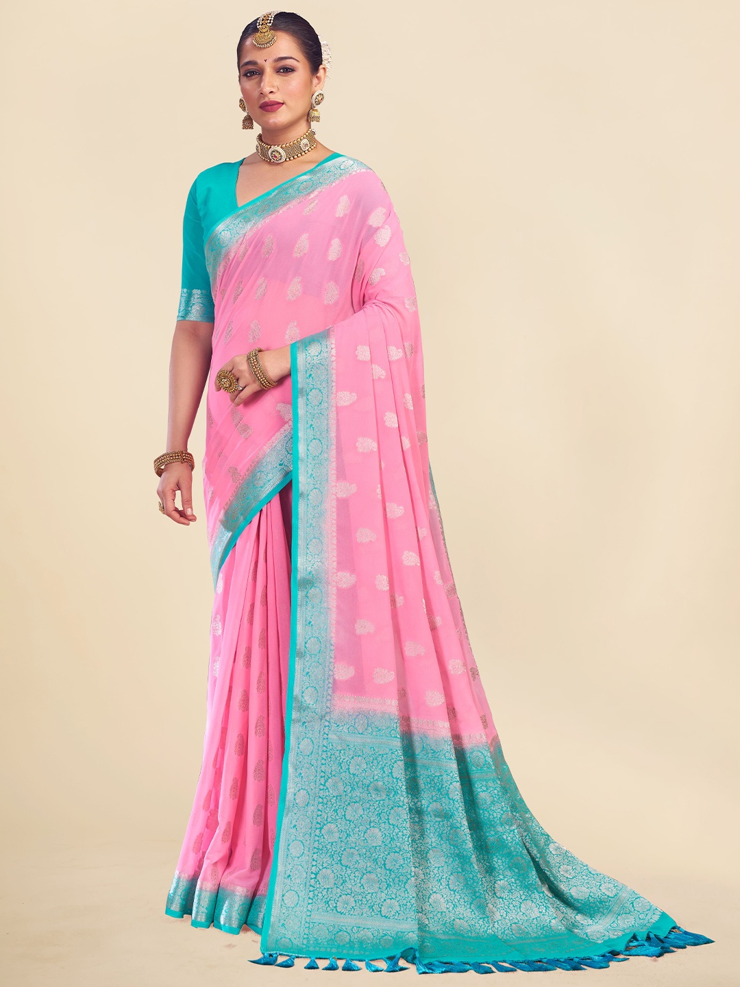 

FLOURIOUS Woven Design Zari Pure Georgette Banarasi Saree, Pink