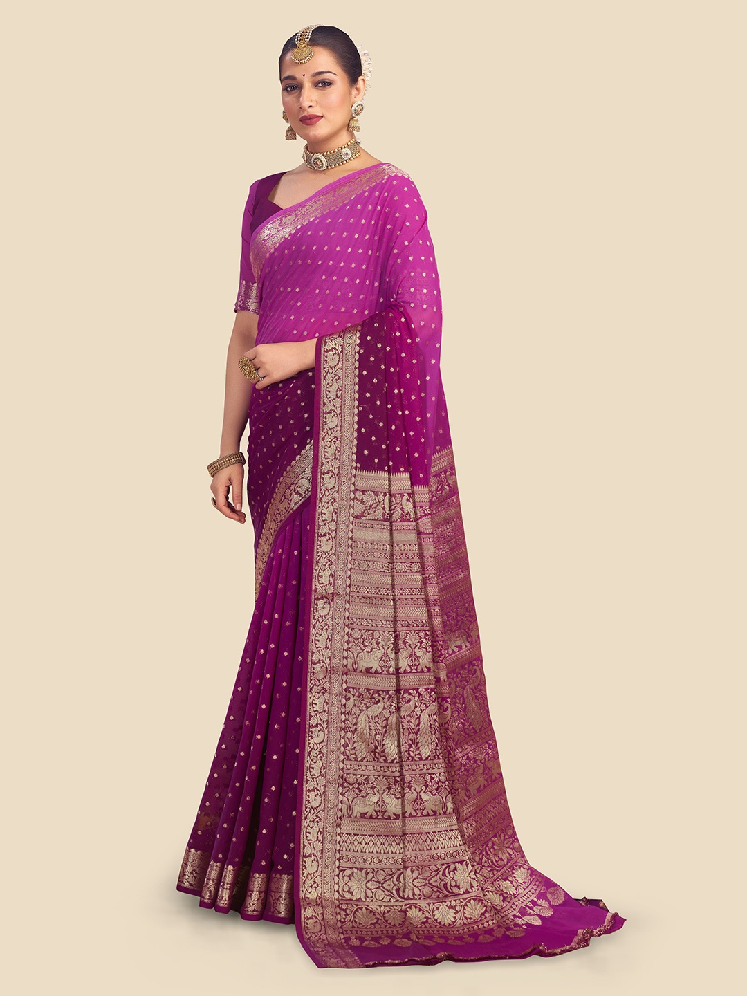 

FLOURIOUS Woven Design Zari Pure Georgette Banarasi Saree, Purple