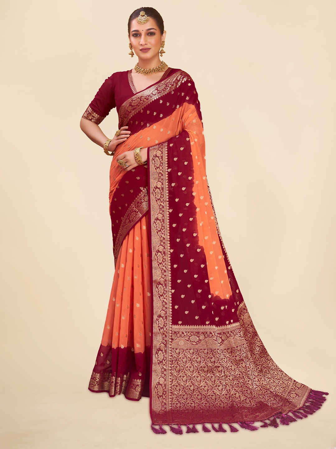 

FLOURIOUS Woven Design Zari Pure Georgette Banarasi Saree, Orange