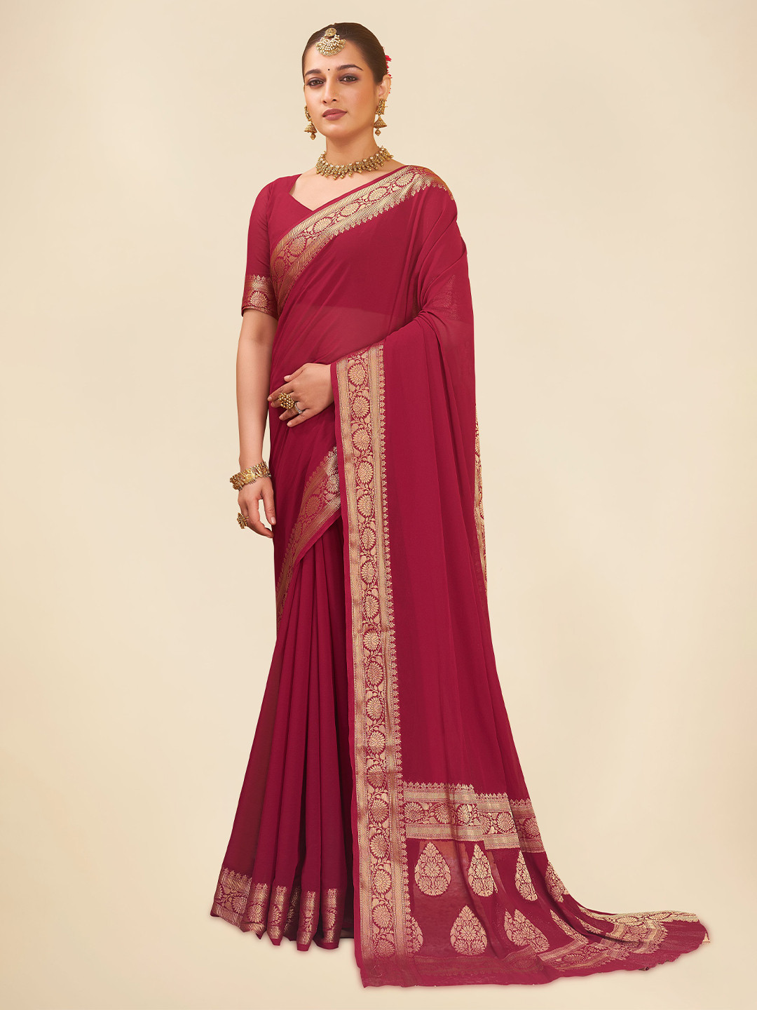 

FLOURIOUS Woven Design Zari Pure Georgette Banarasi Saree, Maroon