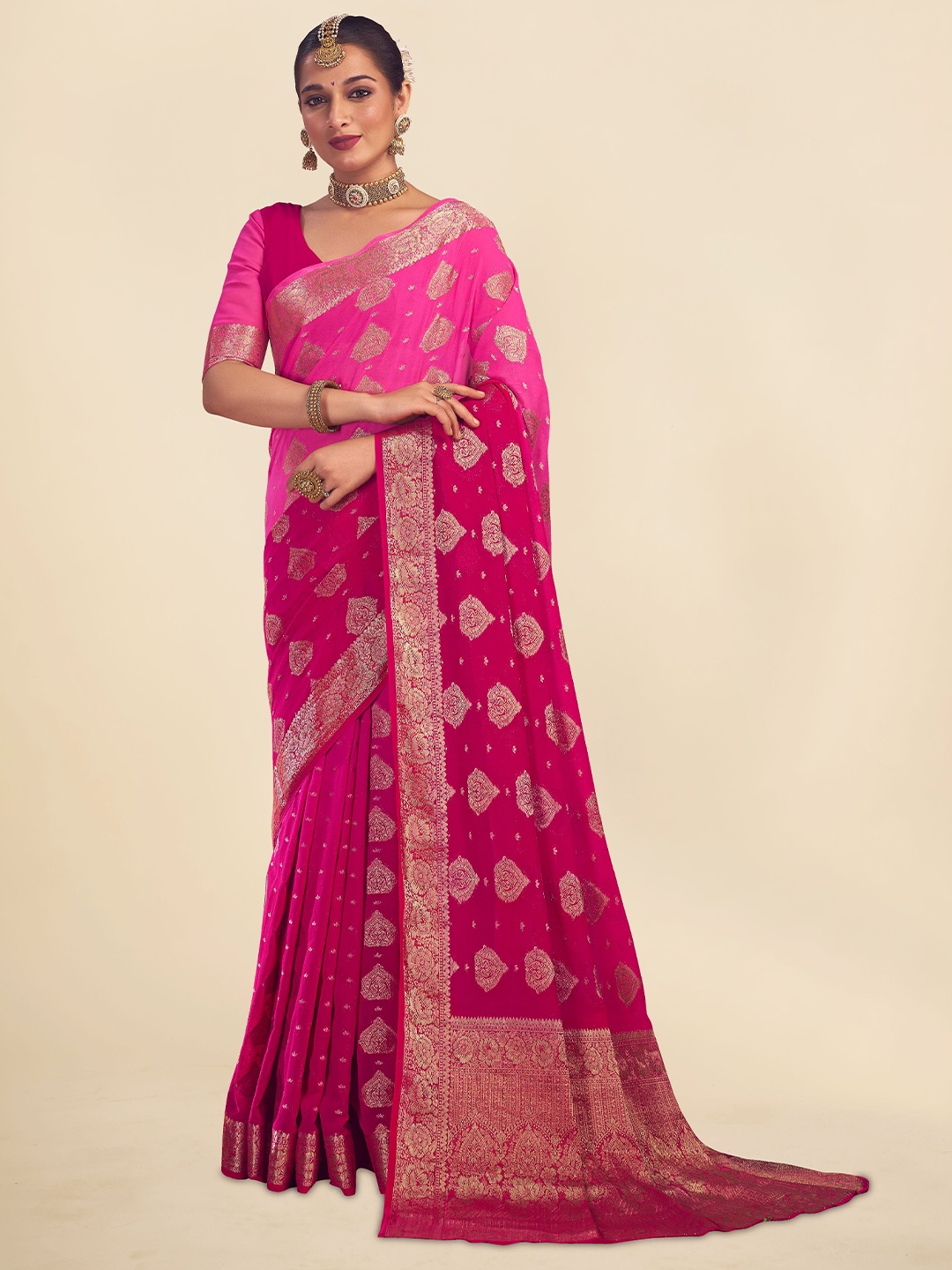 

FLOURIOUS Woven Design Zari Pure Georgette Banarasi Saree, Pink