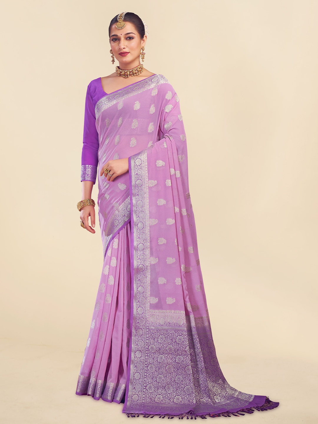 

FLOURIOUS Woven Design Zari Pure Georgette Banarasi Saree, Lavender