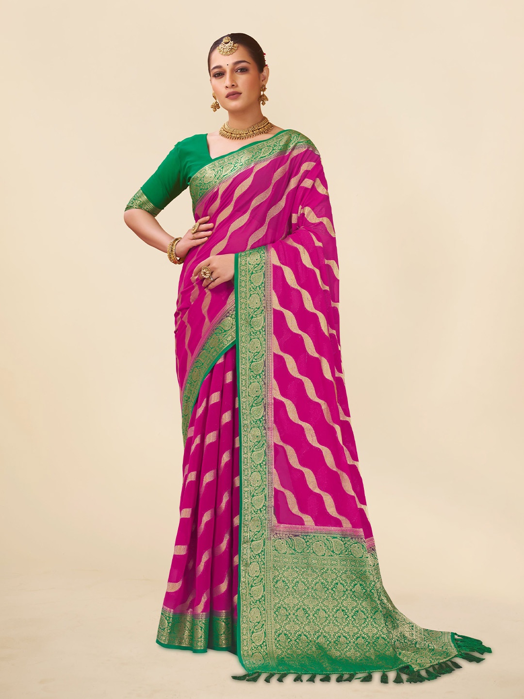 

FLOURIOUS Woven Design Zari Pure Georgette Banarasi Saree, Pink