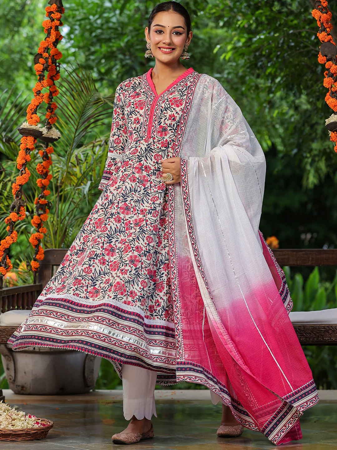 

Rain & Rainbow Floral Printed Gotta Patti Pure Cotton Anarkali Kurta Set, Pink