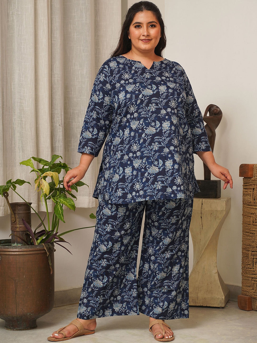 

NANGALIA RUCHIRA Plus Size Floral Printed Pure Cotton Tunic & Top, Blue