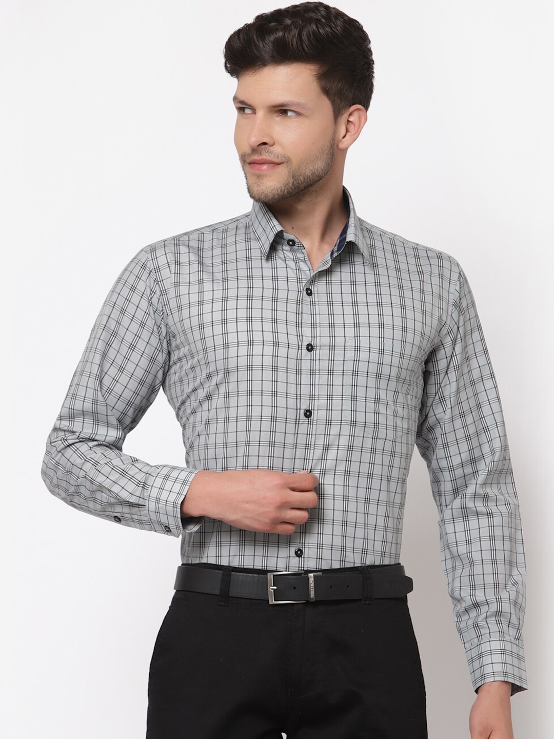 

ASCIIBLUES Grid Tattersall Checks Cotton Formal Shirt, Grey