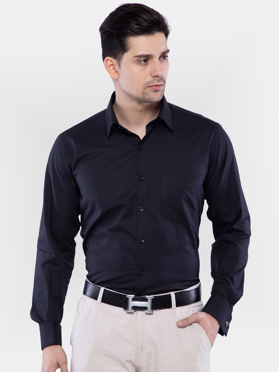 

ASCIIBLUES Spread Collar Cotton French Cuff Shirt, Black