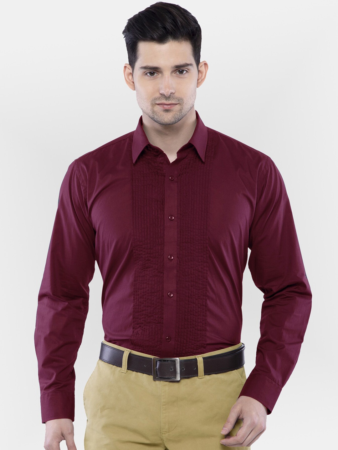 

ASCIIBLUES Spread Collar Pin Tucks Detail Cotton Tuxedo Shirt, Maroon