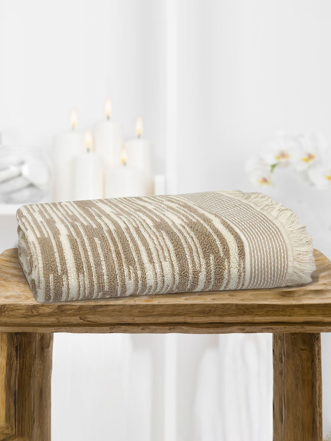 

MYTRIDENT Beige Brown Striped 500 GSM Cotton Bath Towel