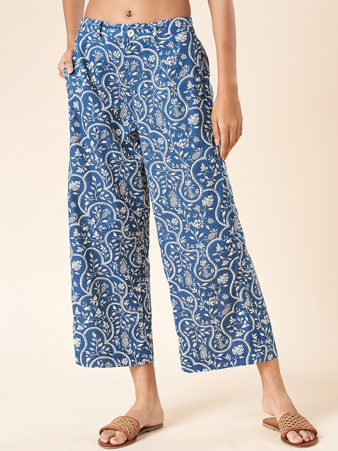 

AKKRITI BY PANTALOONS Women Ethnic Motifs Printed Flared Cotton Linen Parallel Trousers, Blue