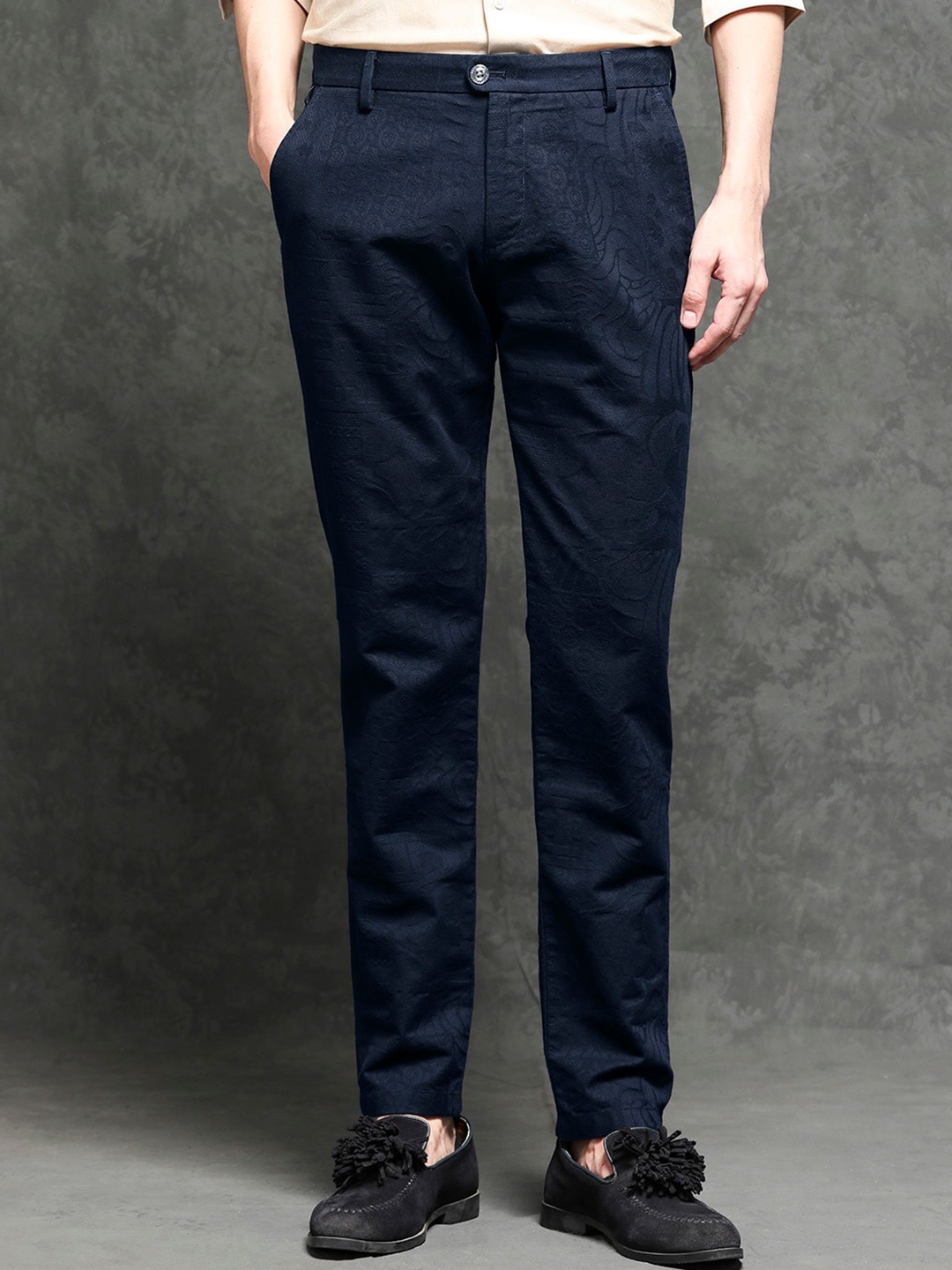 

RARE RABBIT Men Jeck-2 Mid-Rise Slim Fit Cotton Trouser, Navy blue