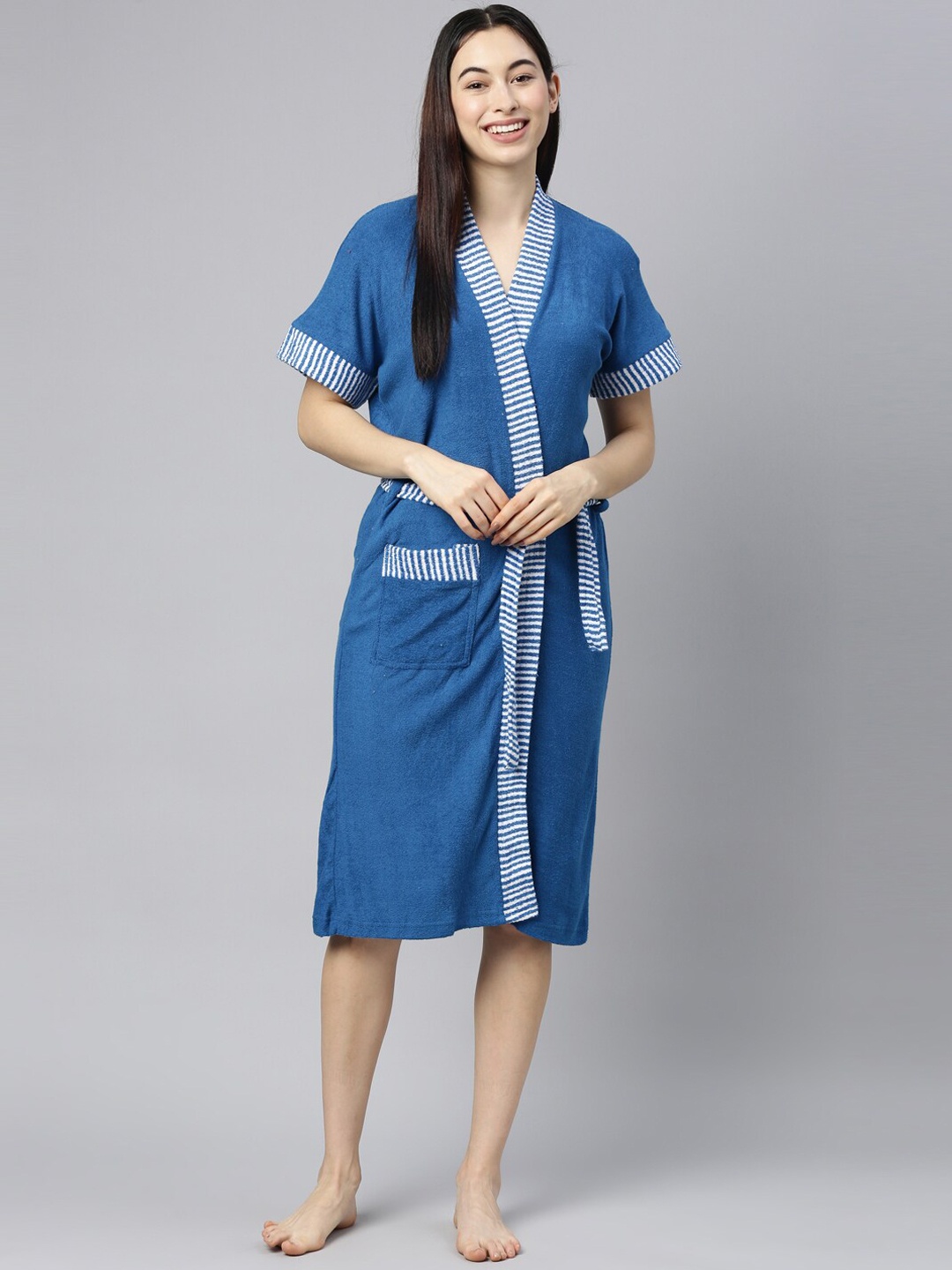 

GOLDSTROMS Blue Striped Knee-Length Tie-Up Detail Cotton Bath Robe