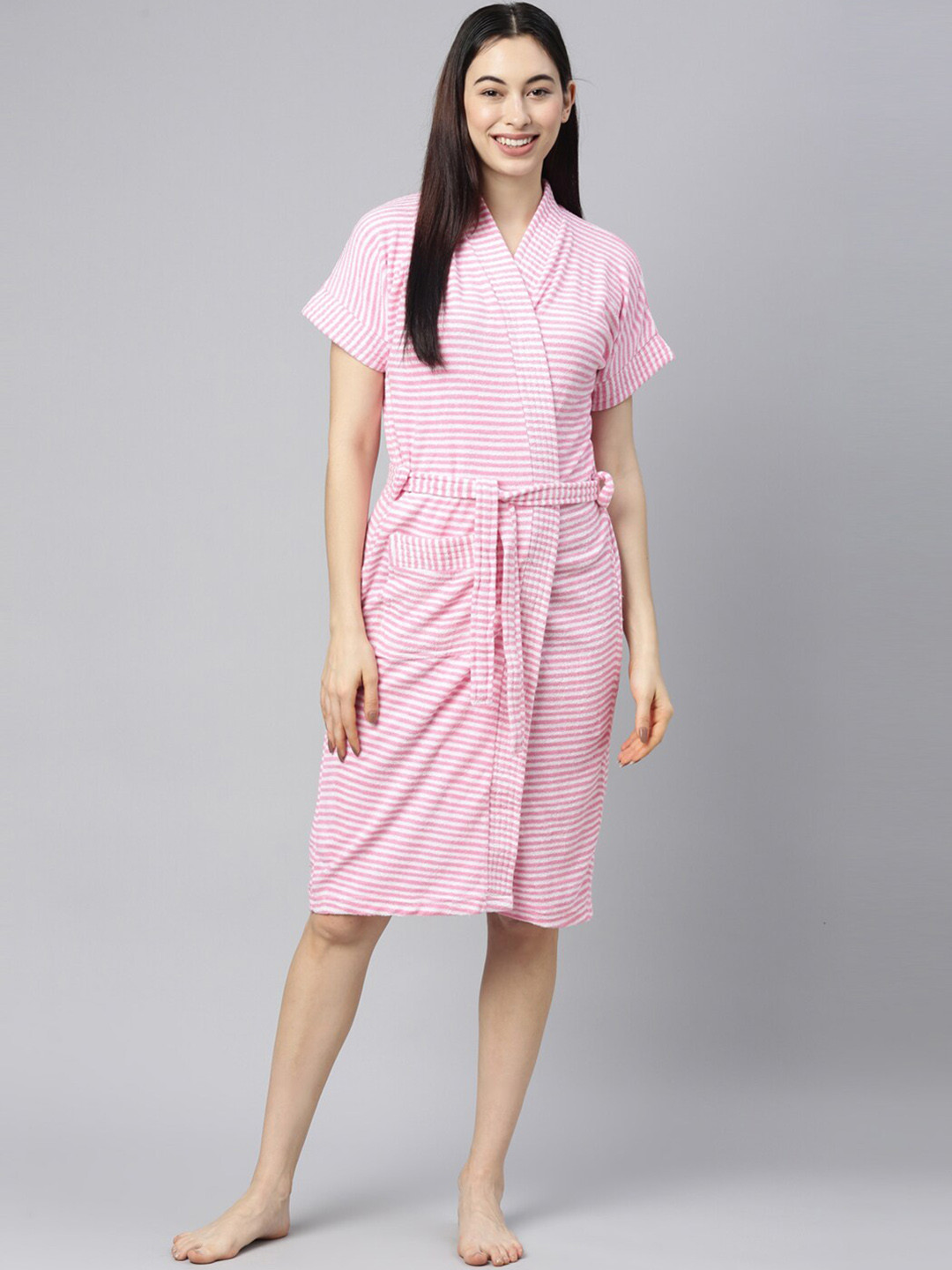 

GOLDSTROMS Women Striped Knee-Length Cotton Bath Robe, Pink