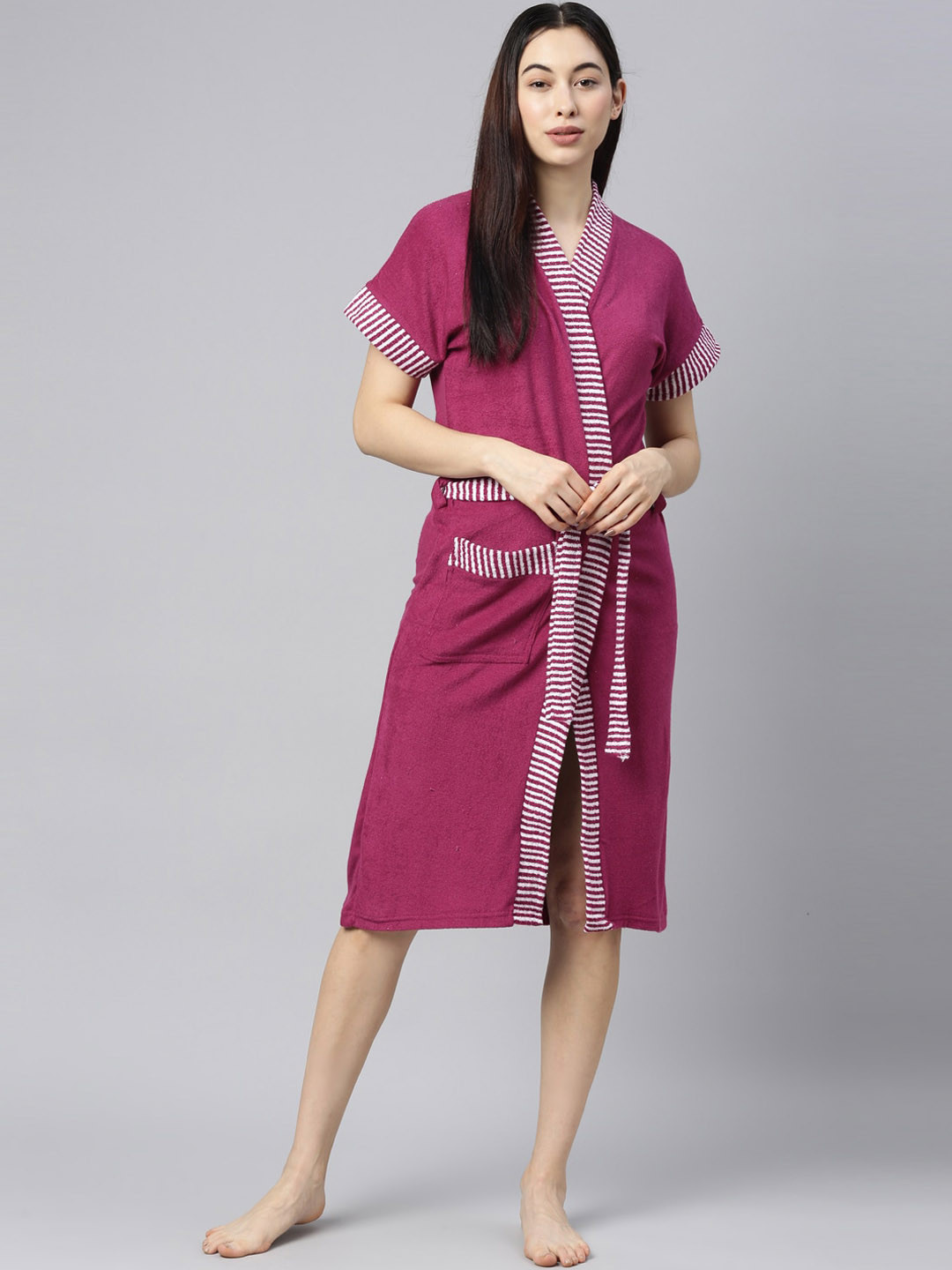 

GOLDSTROMS Striped Knee-Length Cotton Bath Robe, Magenta