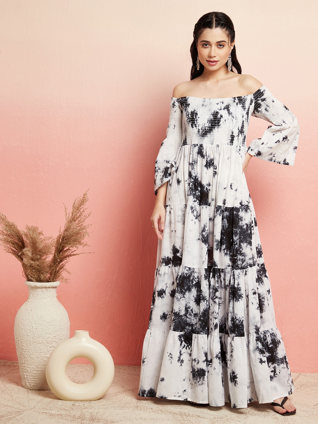 

AKS Tie And Dyed Off-Shoulder Cotton Maxi Dress, White