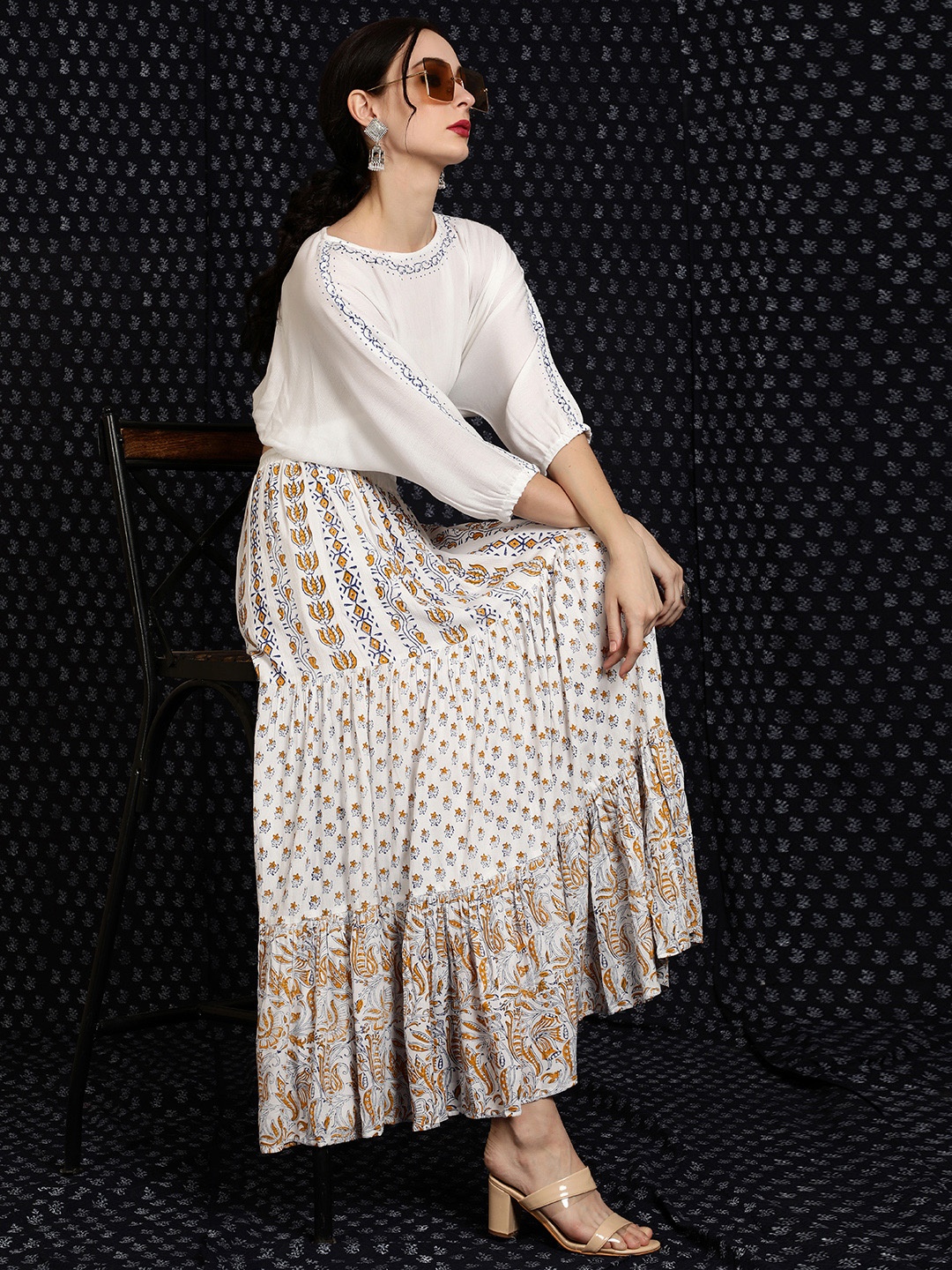 

AKS Floral Printed Flared Maxi Skirt, White