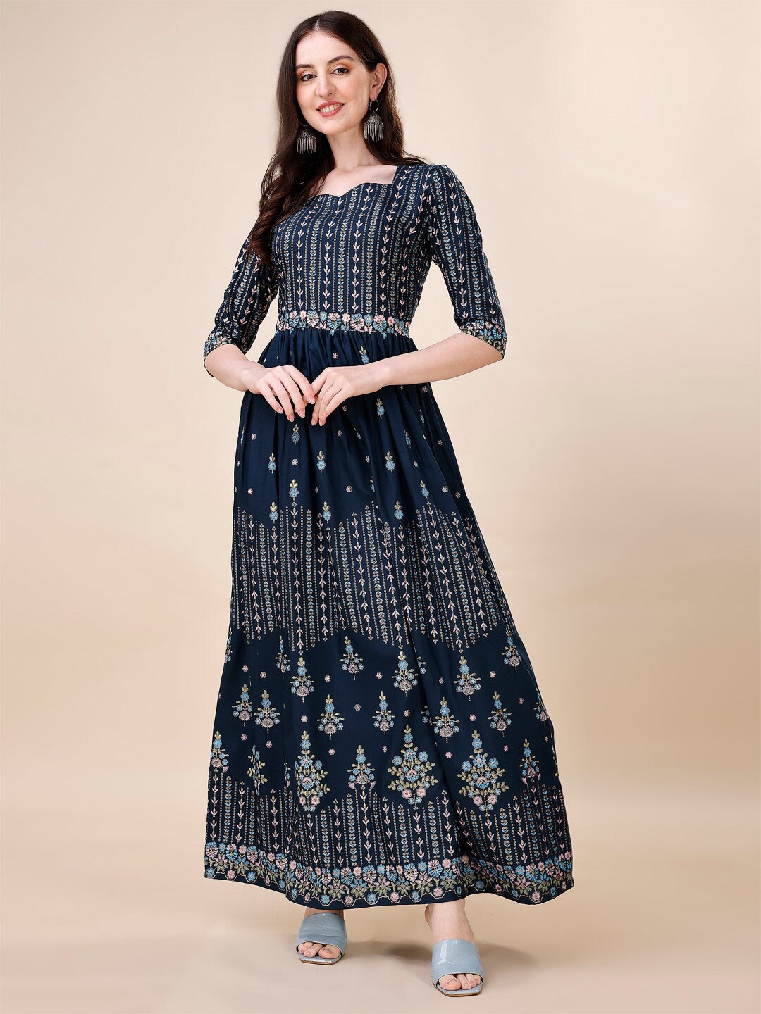 

FAVRIZ Ethnic Motifs Embroidered Ethnic Maxi Dress, Navy blue