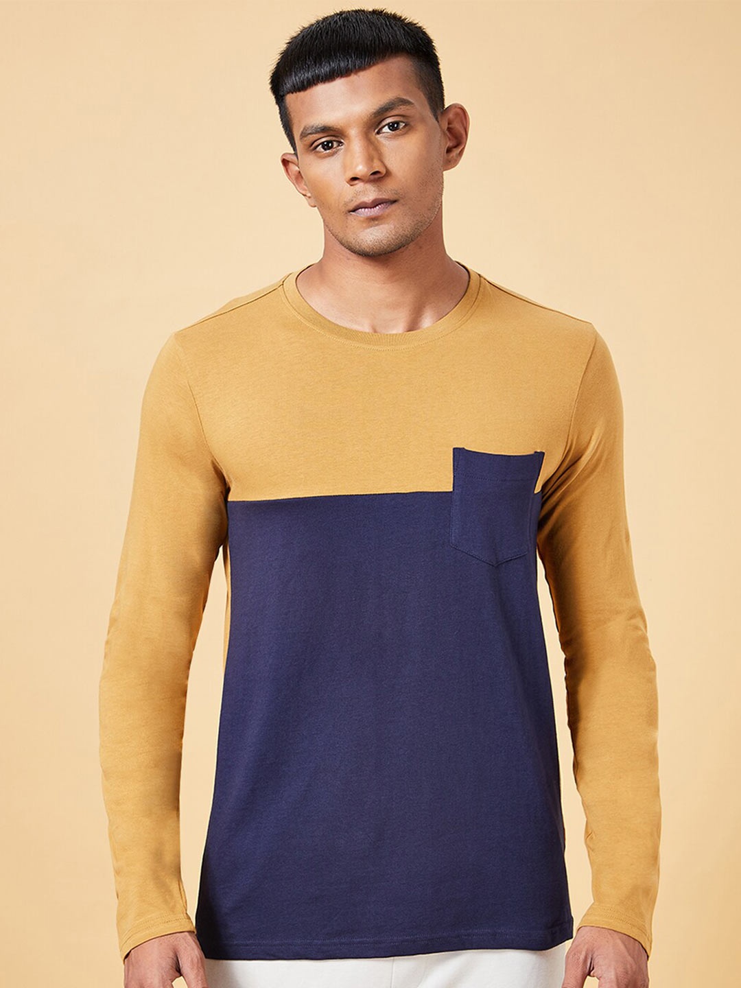 

Ajile by Pantaloons Colourblocked Slim Cotton Fit T-shirt, Mustard