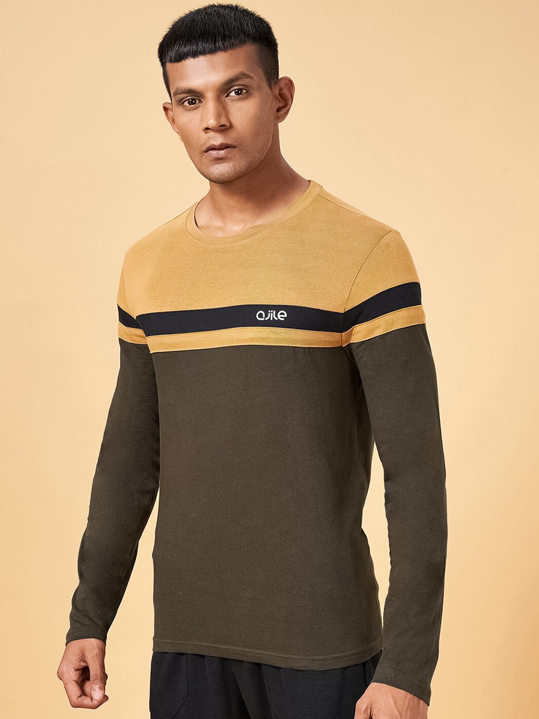 

Ajile by Pantaloons Colourblocked Slim Cotton Fit T-shirt, Olive