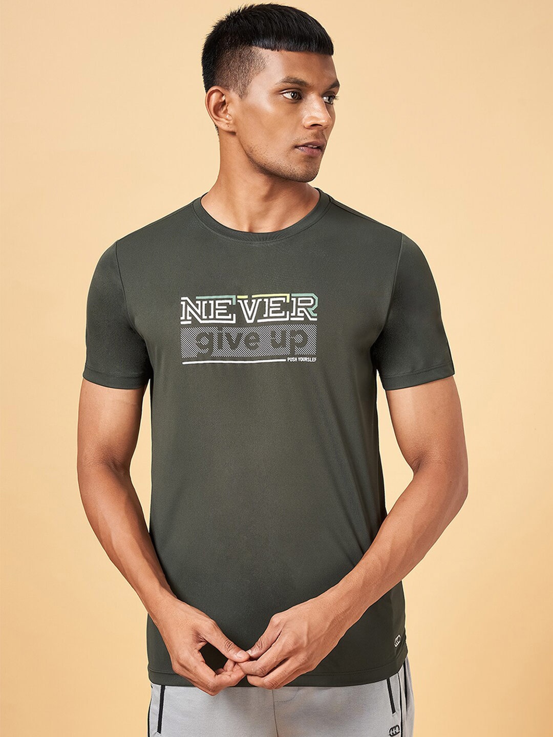 Ajile by Pantaloons Men Typography Printed Slim Fit T-shirt, Olive