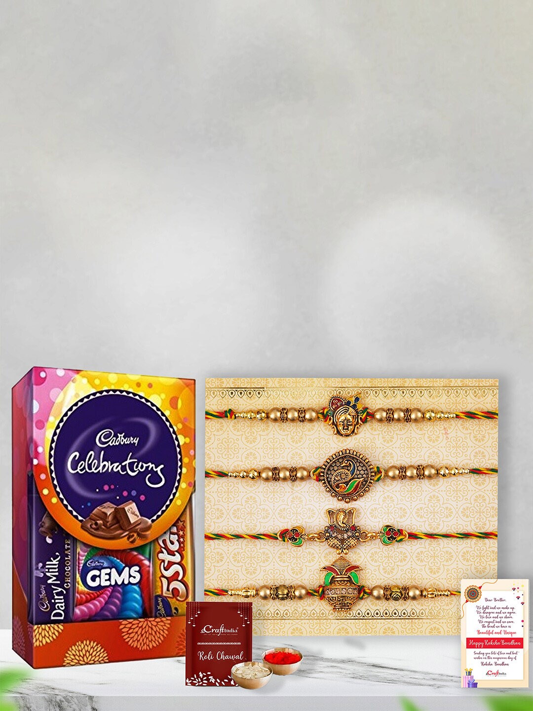 

eCraftIndia Set Of 4 Rakhis With Chocolate Gifts Set, Red