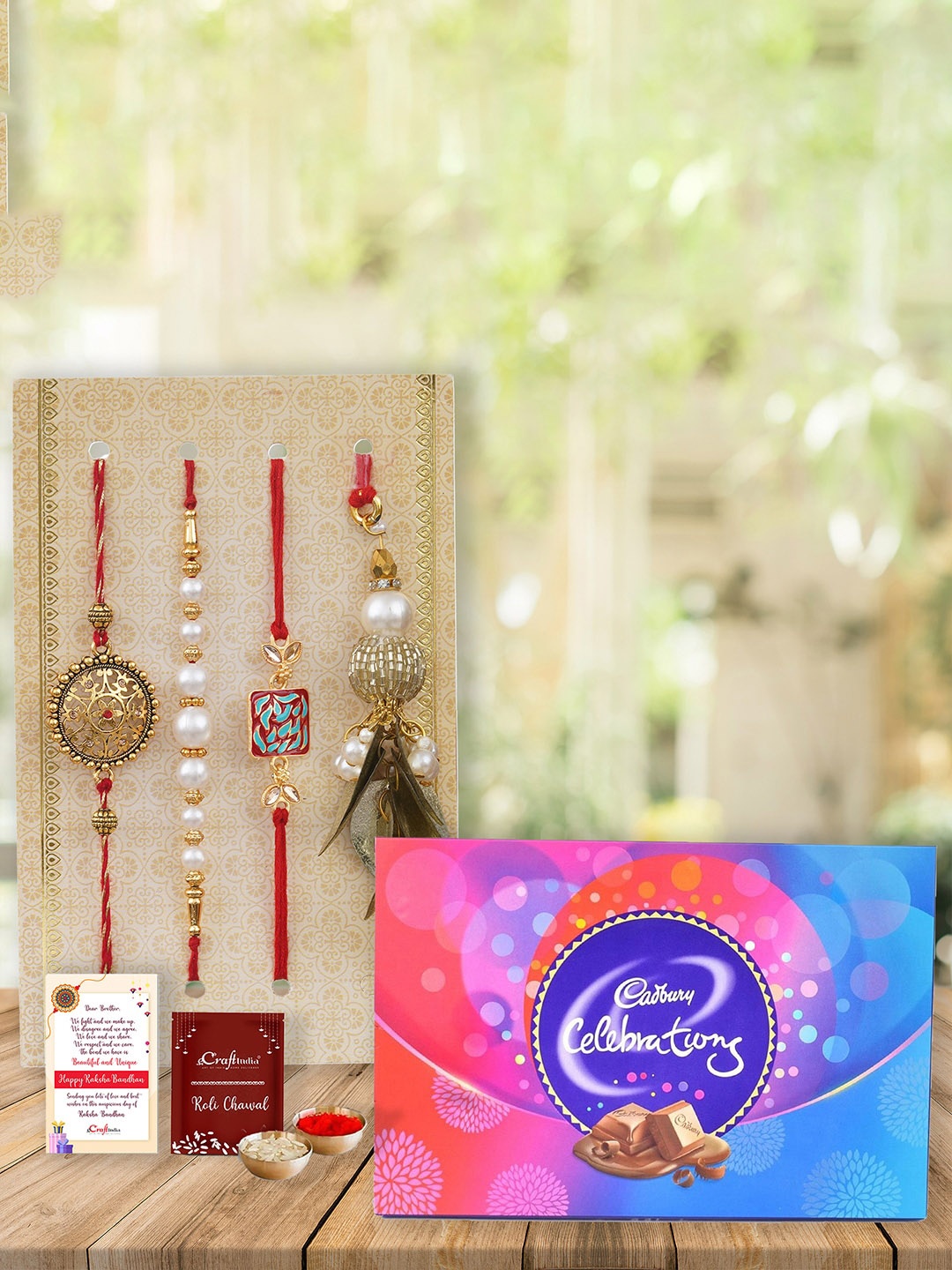 

eCraftIndiaSet Of 4 Pearl Beaded Rakhis With Cadbury Celebrations Chocolate Gift Set, White