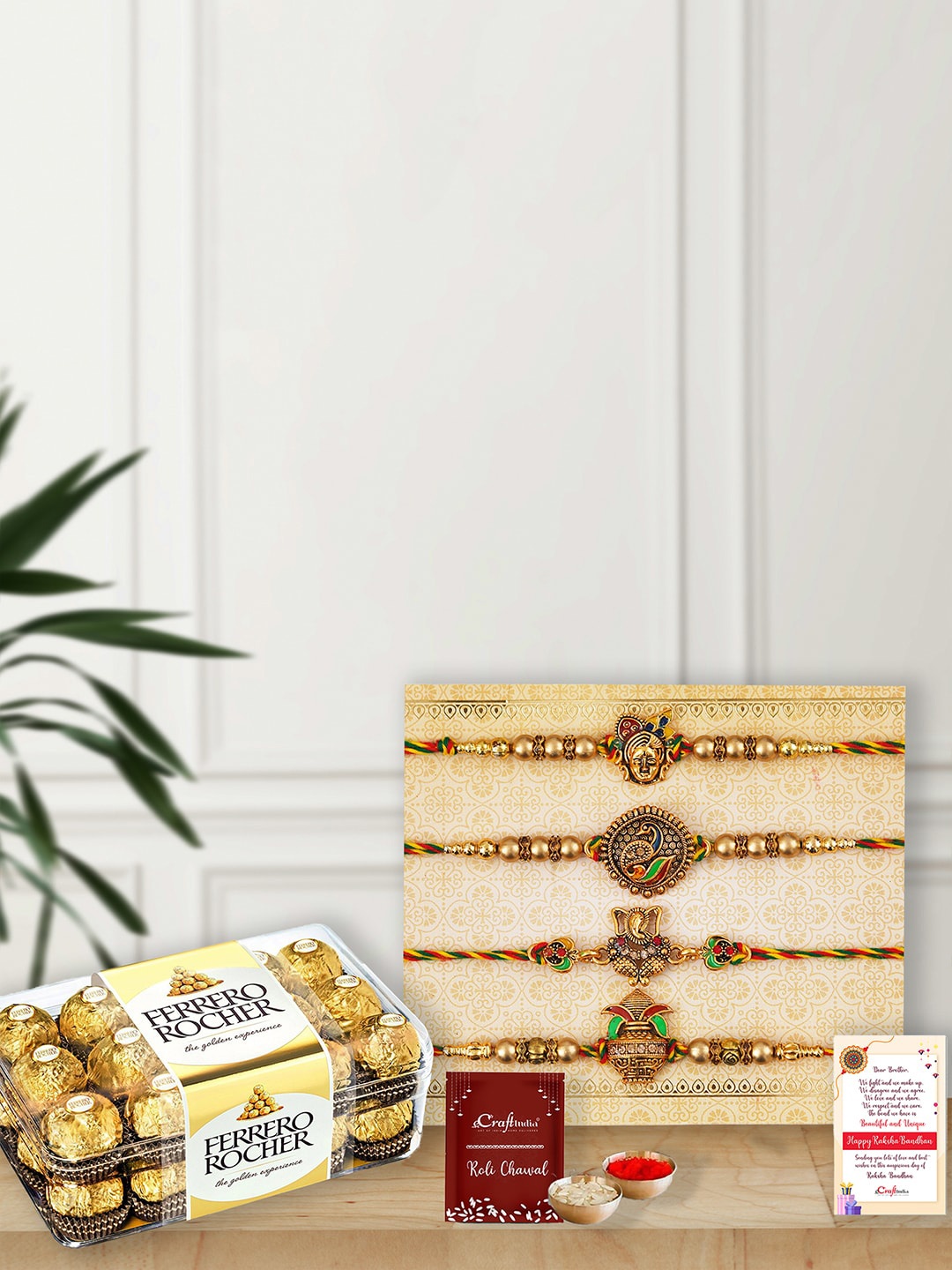 

eCraftIndia Set of 4 Shrinathji, Peacock, Ganesha, Kalash Designer Rakhis & Ferrero Rocher, Gold