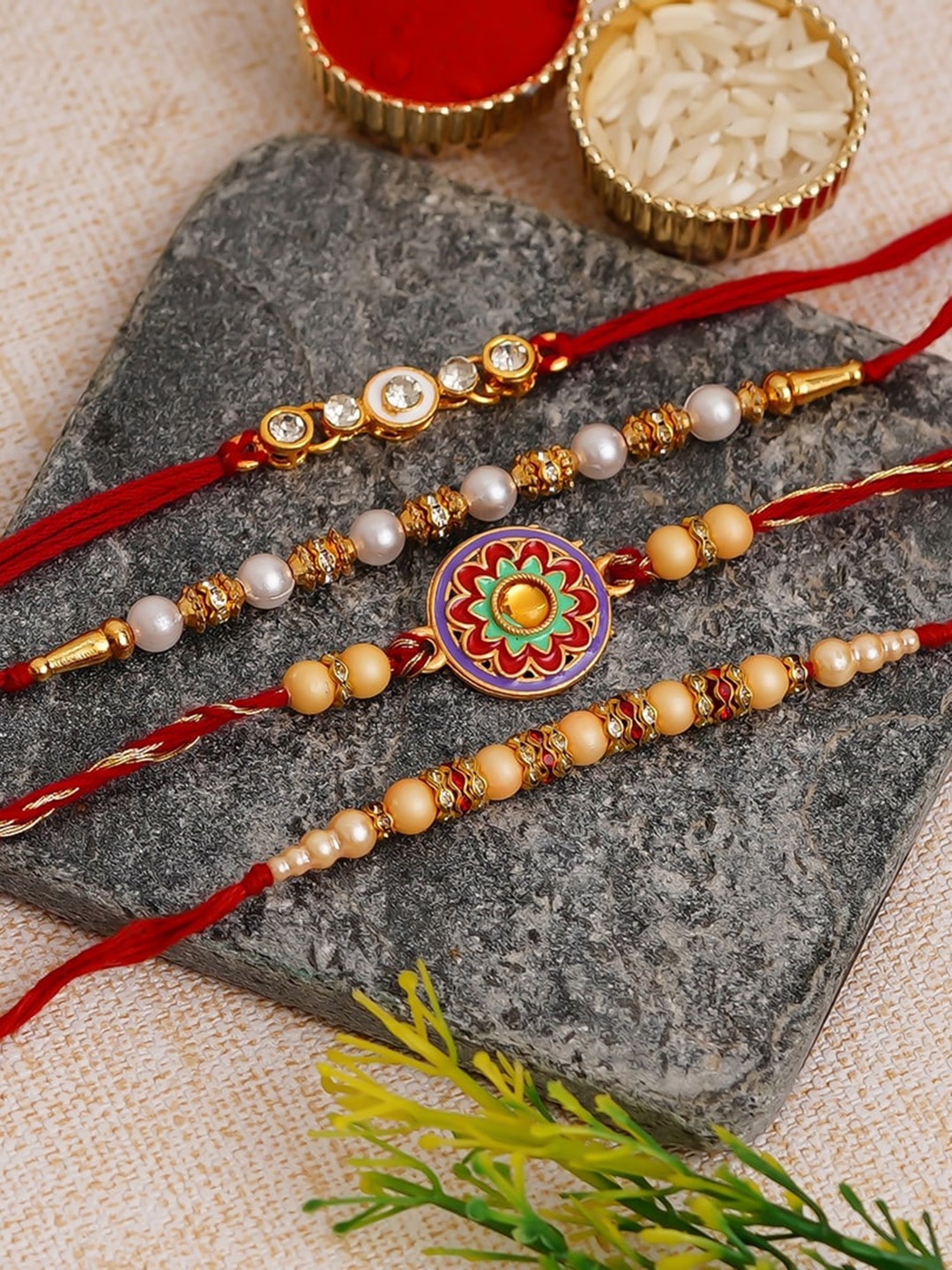 

eCraftIndia Set Of 4 Beaded Rakhis With Roli Chawal, Greeting Card & Choclate Gifts Set, Red